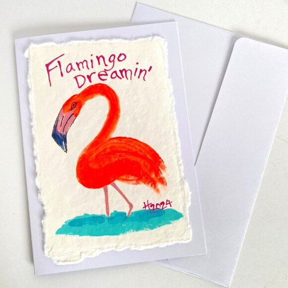 Flamingo Painting Art Handmade Original Blank Greeting Card and Envelope - Picture 5 of 5
